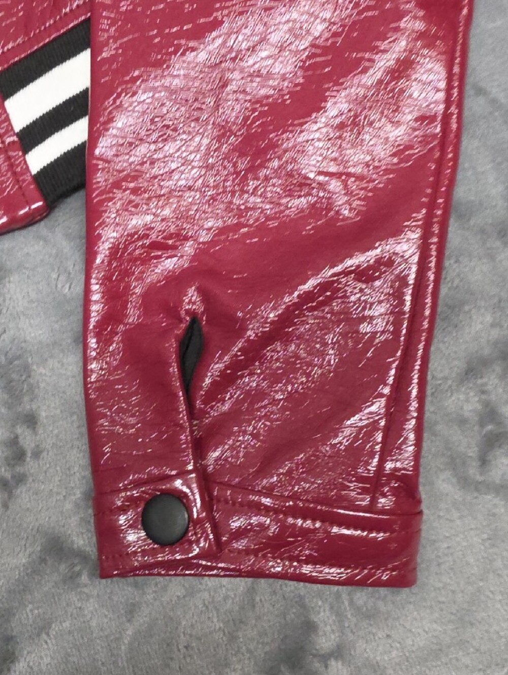 BCBGeneration XXS Glossy Burgundy Vegan Leather Bomber Jacket with Striped Cuffs - Picture 4 of 9